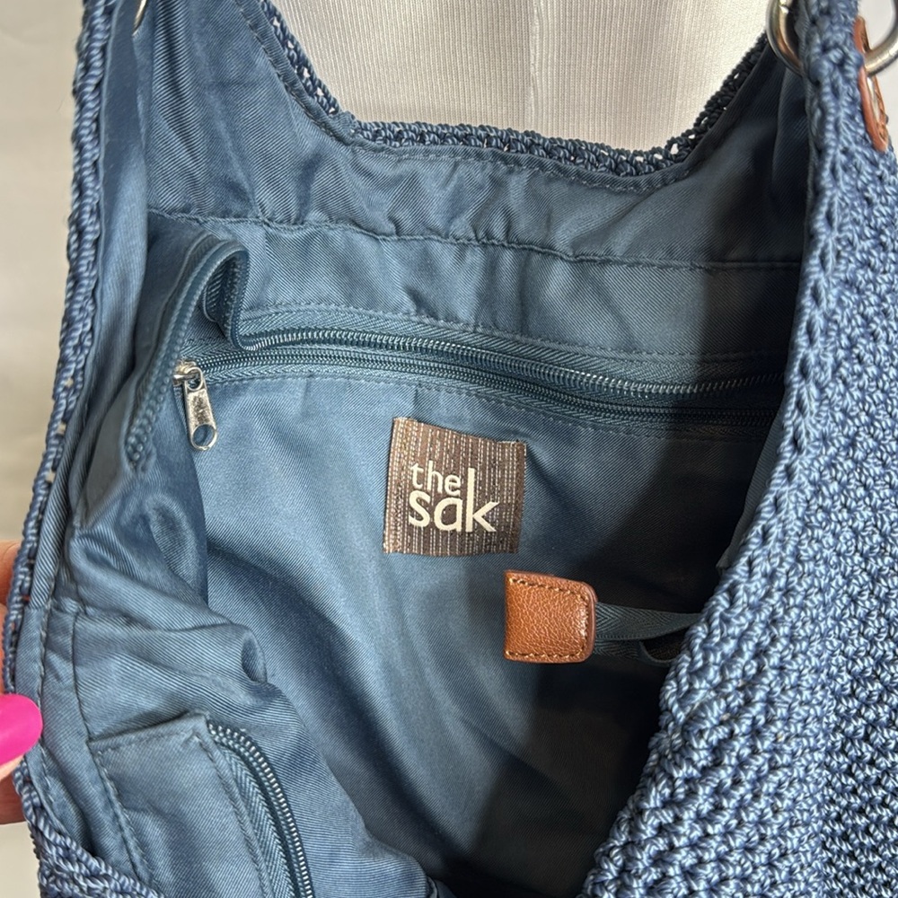 The Sak Blue Hand Crochet Bag with Brown Woven Straps - Picture 9 of 14